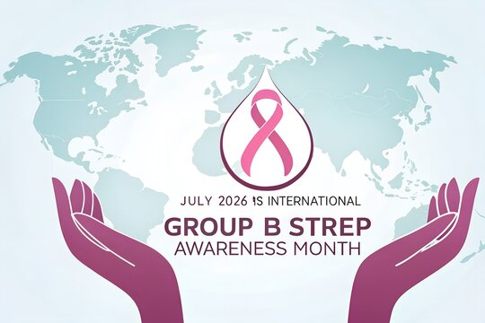 Pink ribbon symbol inside a water drop shape held by two large purple hands over a light blue world map representing international group b strep awareness month in july
