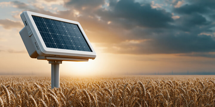 Precision agritech solar sensor wheat field golden hour creating warm sustainable harvest mood