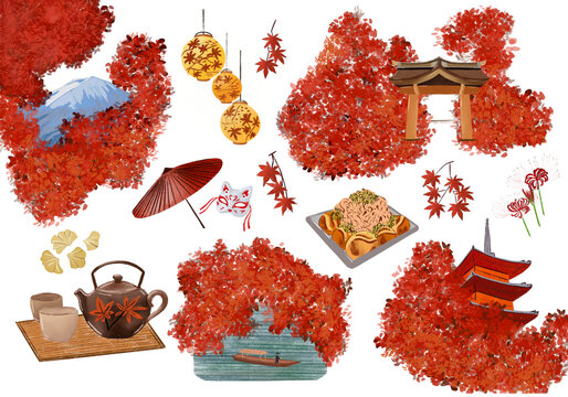 Japanese autumn element set, traditional fall culture icons with red momiji maple leaves, Mount Fuji, pagoda, torii gate, takoyaki and tea digital illustration