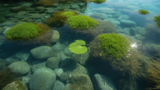 Bright green algae covering smooth wet stones in shallow clear water with sunlight reflection