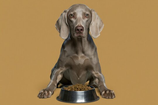 Alert Vizsla dog sitting with a metal bowl of kibble, showing sleek coat texture and eager expression for pet nutrition and healthy feeding concept