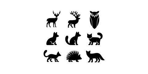 Fototapeta premium Animals in Black Silhouette Style with Various Poses and Species Featuring Silhouettes, Wildlife, Nature with Deer and Cat Elements for Fox