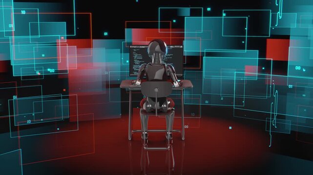 Futuristic robot working on computer and writing code. Seamless 3d animation loop of an artificial intelligence programmer in a high-tech cyberspace with digital screens and network background.