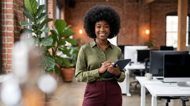 African American woman in office setting.