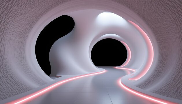 The image depicts a futuristic, tunnel like corridor with smooth, curved walls illuminated by soft, glowing lights