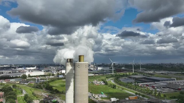 Aerial view of the AEB waste management company.  It processes waste from Amsterdam and the surrounding region, and operates two waste-to-energy plants in the Western Port Area. These plants use the h