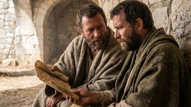 Two bearded apostles in coarse wool cloaks sitting against an old stone wall while intensely studying a parchment scroll, in a realistic New Testament Biblical scene.