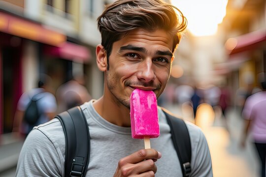 ragazzo che mangia un gelato fucsia 01