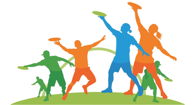 Colorful overlapping silhouettes of athletes playing ultimate frisbee and disc golf, throwing and catching discs in active poses, vector illustration isolated on white background.