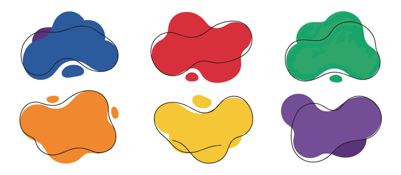 Abstract Fluid Shapes Set. Modern Colorful Organic Liquid Blobs with Outlines