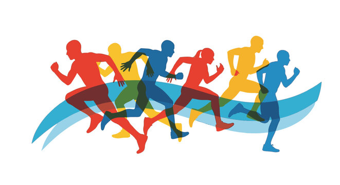 Vector illustration of overlapping colorful silhouettes of male and female athletes sprinting on a white background with dynamic abstract waves symbolizing motion and speed.
