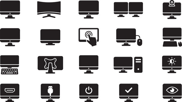 Computer monitor icons, screen symbols, display signs, tech graphics, 25 computer icons isolated PNG with Transparent Background
