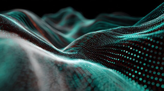 Glowing teal and white digital waves on black background with mesmerizing glowing technology futuristic innovation abstract effects pattern with science