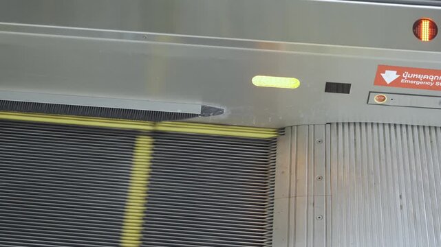 close up view to moving escalator at skytrain subway station , closer look of the escalator on the subway skytrain public transportation going up the upper floor