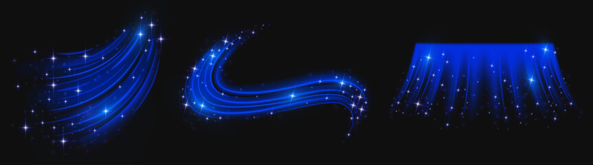 Fototapeta na wymiar Wind waves effect with flowing blue streams, neon light trails and glowing dust particles, abstract vector conditioner flow on black background. Fresh air movement with swirls, cool breeze pattern