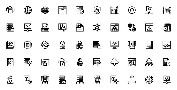 Web Hosting icon set. Minimal line icons pack. Featuring cloud storage, server, database, shield, email, SSL, coding, hosting, data center, and more. Editable vector stroke.