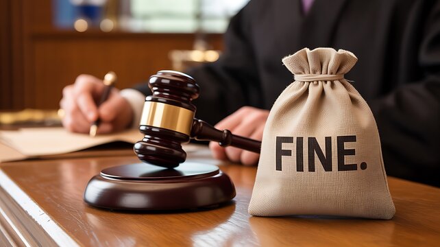 Legal fine penalty concept with judge gavel and money bag on desk