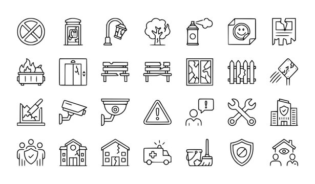 27 Vandalism Awareness and Public Safety Outline Icon Set Vector EPS 10