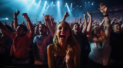 Obraz premium Happy people dancing in front of the stage, music festival.