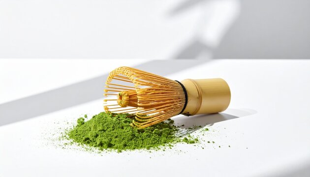 Green tea powder spills from bamboo whisk on white surface indoors
