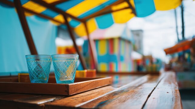 Two blue decorative glass cups on a wooden tray at a street food market stall. Bright summer atmosphere with colorful festive awning. Outdoor fair dining and beverage concept.