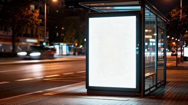 Nighttime city bus stop with illuminated billboard and moving traffic