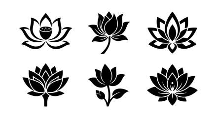Obraz premium Lotus Flower Icons, Black Vector Silhouettes, Sacred Symbol Graphics, Yoga & Meditation Elements