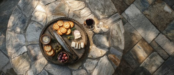 Obraz premium Appetizer platter with cracker, fish, olive, grape, and wine glass on stone table. Gourmet rustic snack for outdoor party. Elegant dining setting for celebration and social gathering.