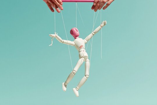 Wooden marionette puppet suspended by thin strings on a vibrant turquoise background with hands holding the control bar for theater and creative arts