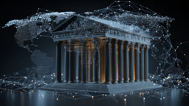 Illuminated classical building facade with digital data overlay at night reflecting in water