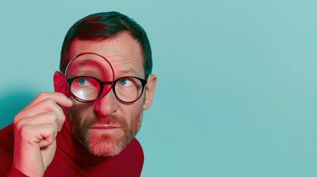 Man holding a magnifying glass over his eye with a humorous expression against a bright blue background for investigation and discovery concepts