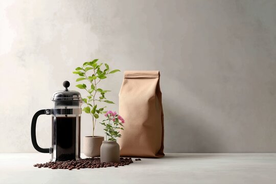 A French press filled with coffee sits beside coffee beans, two small potted plants, and a brown paper coffee bag on a minimalist surface