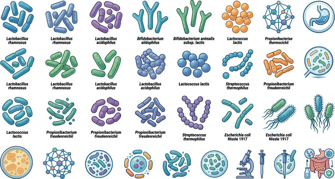 Probiotics and Gut Microbiome Bacteria Vector Icon Set Featuring Lactobacillus Bifidobacterium Streptococcus Microscope and Petri Dish Illustration