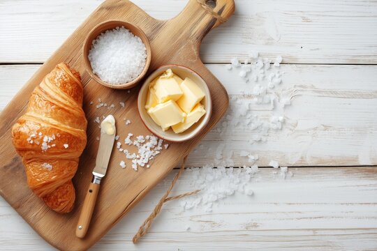 Fresh croissant with sea salt and butter on a wooden cutting board, accompanied by a butter knife on a white rustic surface
