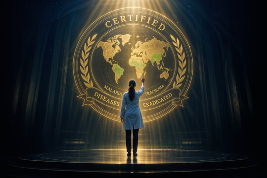 WHO assembly certified seal with health worker honoring disease eradication of malaria and trachoma global wellness primary healthcare triumph on podium