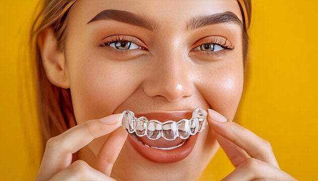 Young Woman Using Clear Dental Aligner on Bright Background for a Confident Smile Transformation