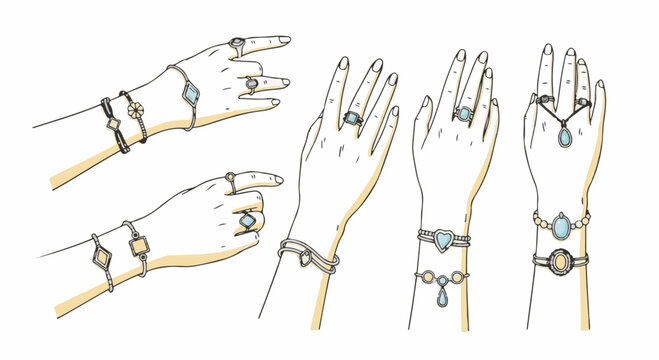 Hand-drawn vector illustration set of female hands and wrists in various poses wearing elegant jewelry accessories like rings, bracelets, and bangles with blue and yellow gemstones.