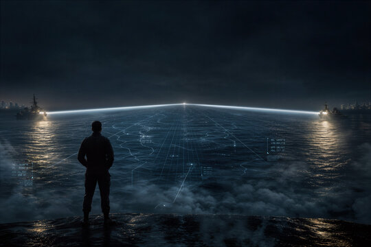 Silhouette commander overlooking ocean standoff with converging blue-white searchlights holographic tactical grid maritime strategic deterrence US Iran naval tension