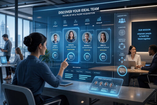 Discover your ideal team futuristic HR talent acquisition dashboard with candidate profiles hiring analytics diversity skills match and team composition in modern tech office recruitment visualization