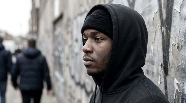 Young man in black hoodie standing.
