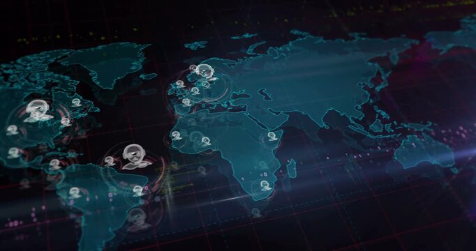 Gamer and video game player symbols over world map. Seamless looped technology concept.