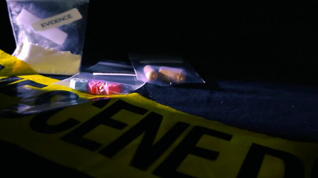 Yellow police tape reading crime scene surrounding various seized illegal substances, including white powder and pills in plastic evidence bags, illuminated by a flashlight on a dark surface
