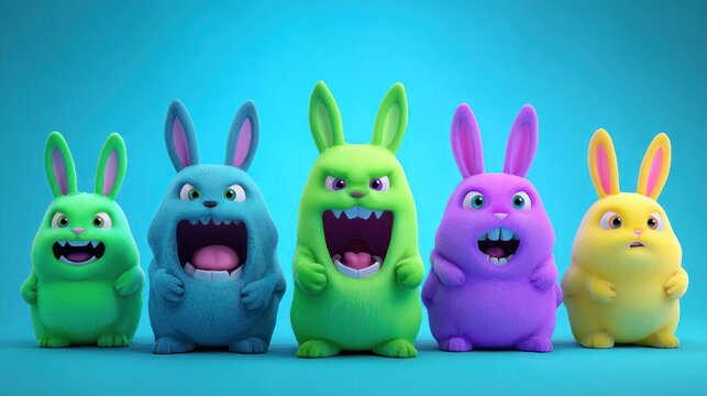 Five colorful, fluffy, cartoonish rabbits display various funny and exaggerated facial expressions