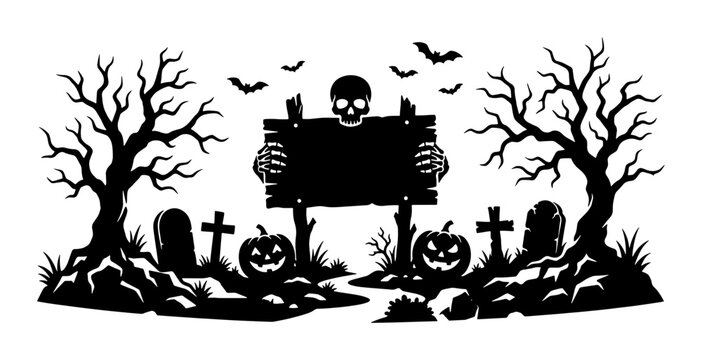 Spooky Halloween Cemetery Scene, Skeleton Holding Sign, Pumpkins, Bats, Vector Art