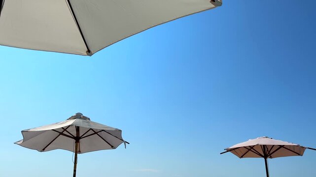 People enjoy summer leisure under sunshades on beach. Outdoor relaxation and sun protection concept. Bright blue sky enhances the vibrant summer atmosphere, inviting fun and enjoyment