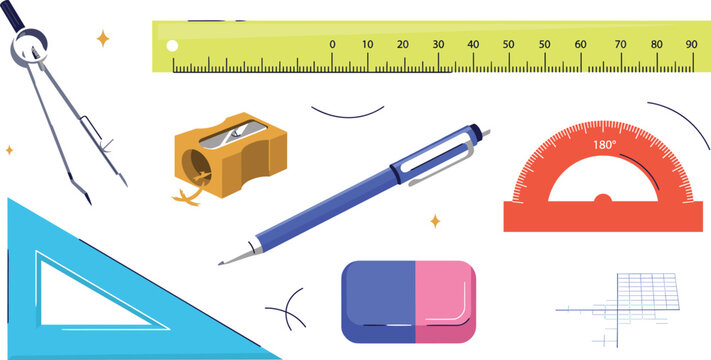 School Stationery and Math Geometry Tool Set with Ruler Compass Protractor and Eraser Elements for Education Architecture Vector Graphic Designs