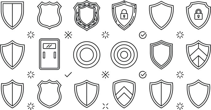 Shield and security line icon set featuring defense armor protection privacy badge safety guard and cyber corporate elements