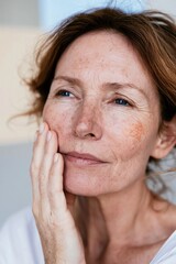 Fototapeta premium Portrait of a middle-aged woman with natural freckles and textured skin, touching her cheek for beauty and skincare lifestyle content