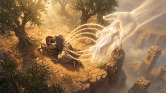The Creation of Eve from Adam in the Garden of Eden, Biblical Illustration of Genesis Story, Divine Hand of God Creating First Woman with Ethereal Light and Spiritual Atmosphere.