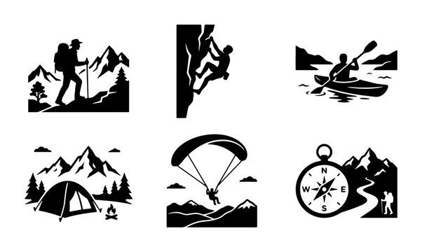 Outdoor Adventure Icons: Hiking, Climbing, Kayaking, Camping, Paragliding, Navigation Vector Set